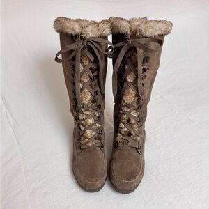 Vintage Y2K Sporto Brown Suede Faux Fur Tall Lace Up Boots Sz 9.5 Grunge Winter